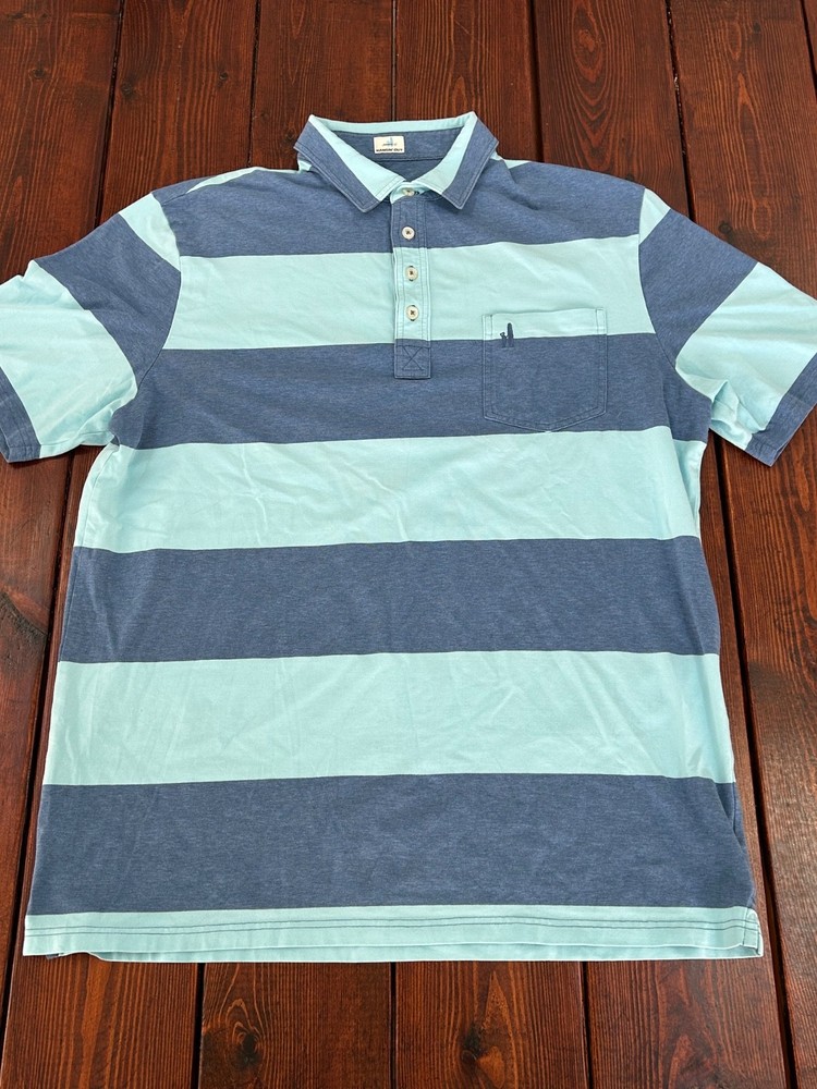 Johnnie O Hanging Out Polo Shirt Mens Large Blue Stripe Short Sleeve Stretch