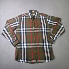 Burberry London Shirt Mens Large Slim Fit Taupe Brown Plaid Red Equestrian Logo