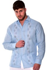 Bohio Mens 100% Linen Fancy Guayabera Style Shirt- Lt. Blue Embroidered MLFG2033