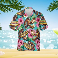 Bigfoot Loves Hotdogs Hawaiian Shirt For Men Women, Tropical Sasquatch & Hotdog