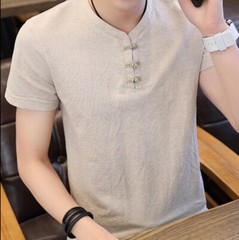 Men Ethnic Top T-shirt Short Sleeve Frog Button Tang Suit Chinese Style T-shirt