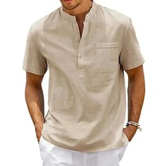 Men’s Henley Neck Linen Shirt Summer Short Sleeve CASUAL Beach Tops L-2XL