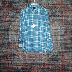 Tailorbyrd mens white blue green plaid flip cuff button shirt L NWT
