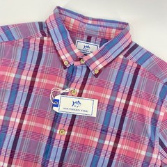 Southern Tide Men M Pink Madras Plaid Short Slv Button Down Preppy Coastal NWT
