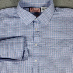 Thomas Pink Shirt Mens 18 Blue Pink Plaid French Cuff Button Up Long Sleeve