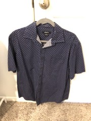 Claiborne Button Up Dress Shirt Large Blue w/ White Polka Dot Short Sleeve Mens