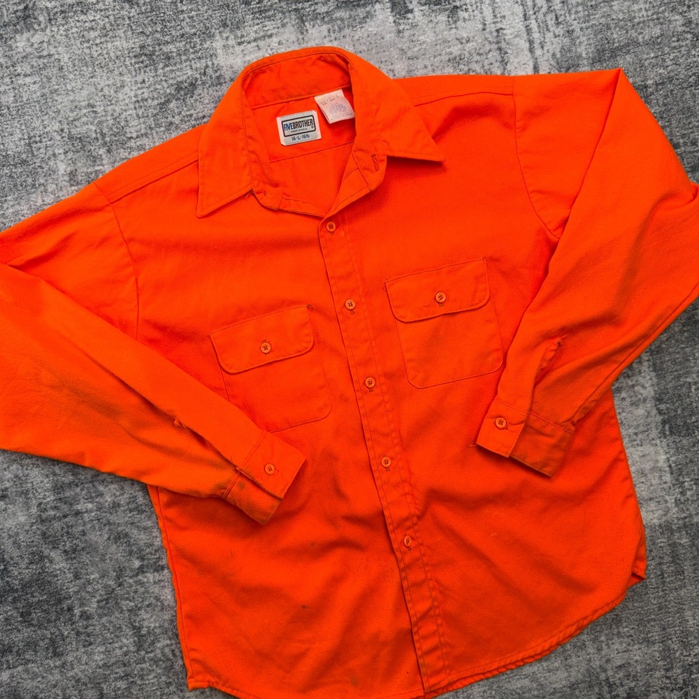 VTG Five Brother Flannel Shirt Men Large Blaze Orange Acrylic Hunting Visibility
