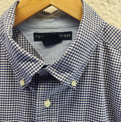 Tommy Hilfiger Button Front Shirt Mens Large Blue Check Crest Pocket Cotton