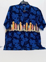 Barefoot Attitude Hawaiian Aloha Shirt XL Blue Surfboard Tropical Camp Shirt EUC