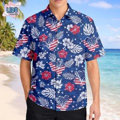 Hibiscus Aloha USA Flag Hawaiian Shirt Patriotic