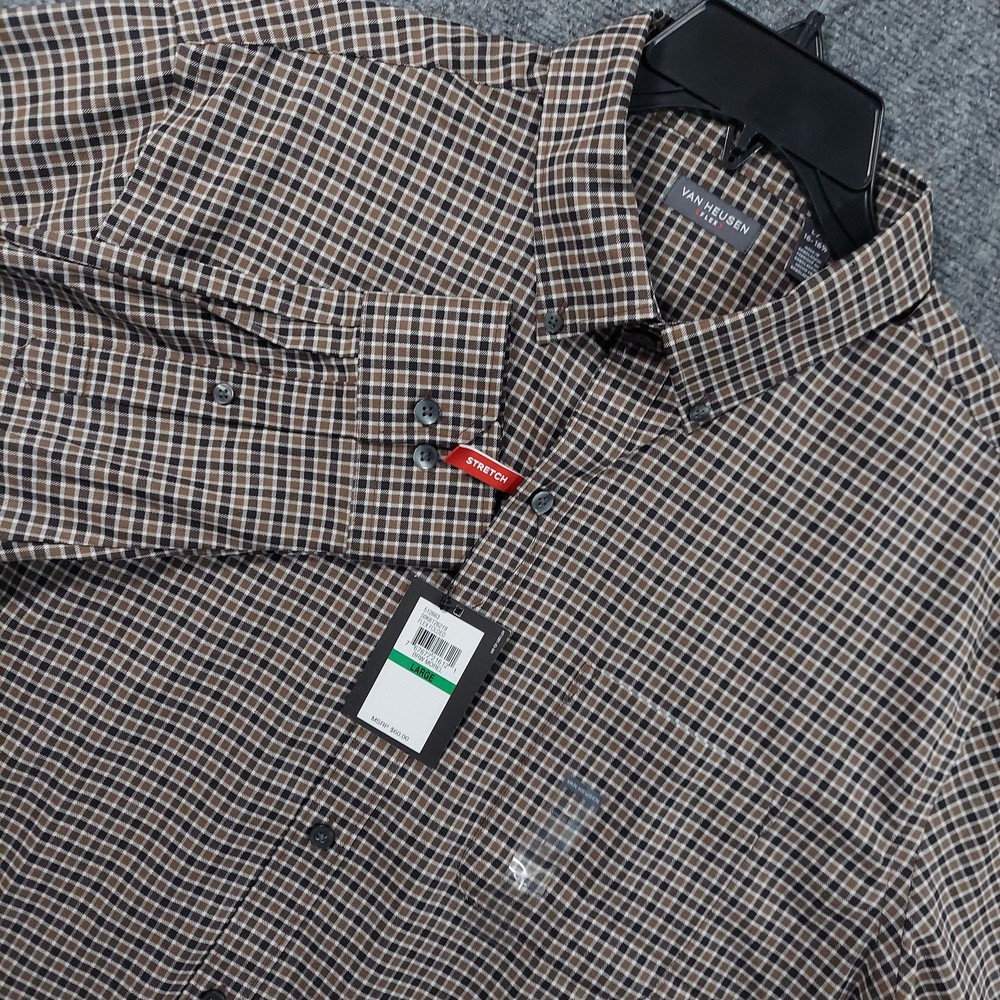 Van Heusen Flex Shirt Mens Large Brown Check Long Sleeve Stretch Button Up