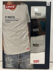 Levis 4 Pack Mens V-Neck Premium Cotton T-Shirts Size: Large White/Black/Grey