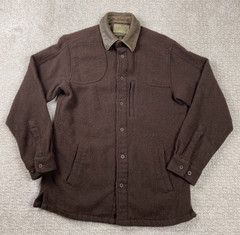 Cabelas Shacket Mens Small Brown Wool Leather Collar Button Up Long Sleeve Shirt