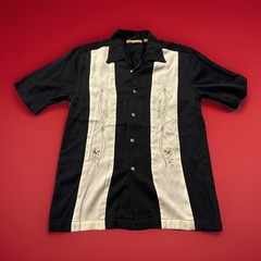 THE HAVANERA CO Shirt Men’s S Black & Ivory CUBAN Rayon Palm Trees