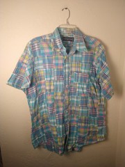 Mark Fore Strike Golf Button Shirt Mens Size L Short Sleeve MADRAS Plaid Pastels