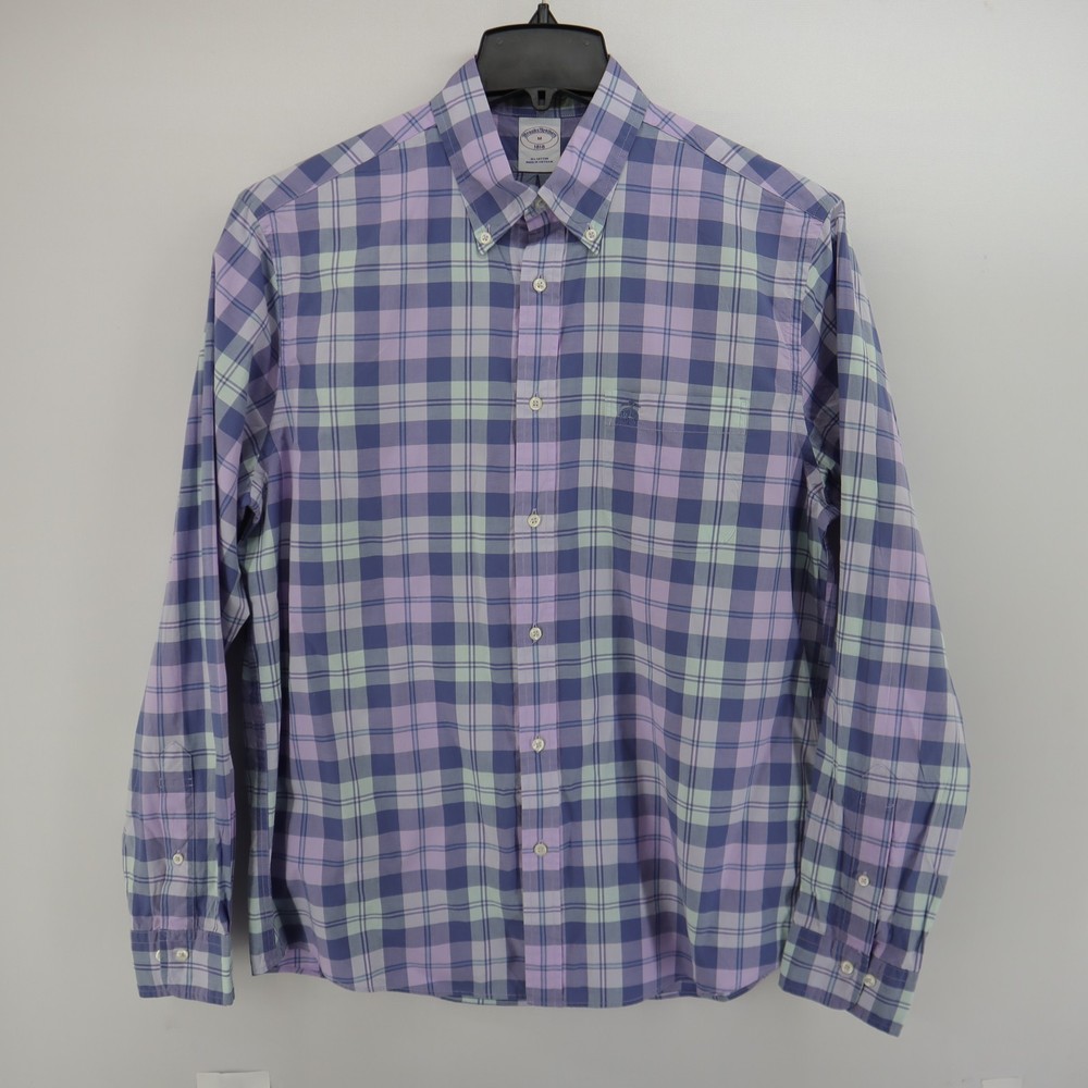 Brooks Brothers Dress Shirt Size M Medium Blue Purple Plaids Long Sleeve Logo