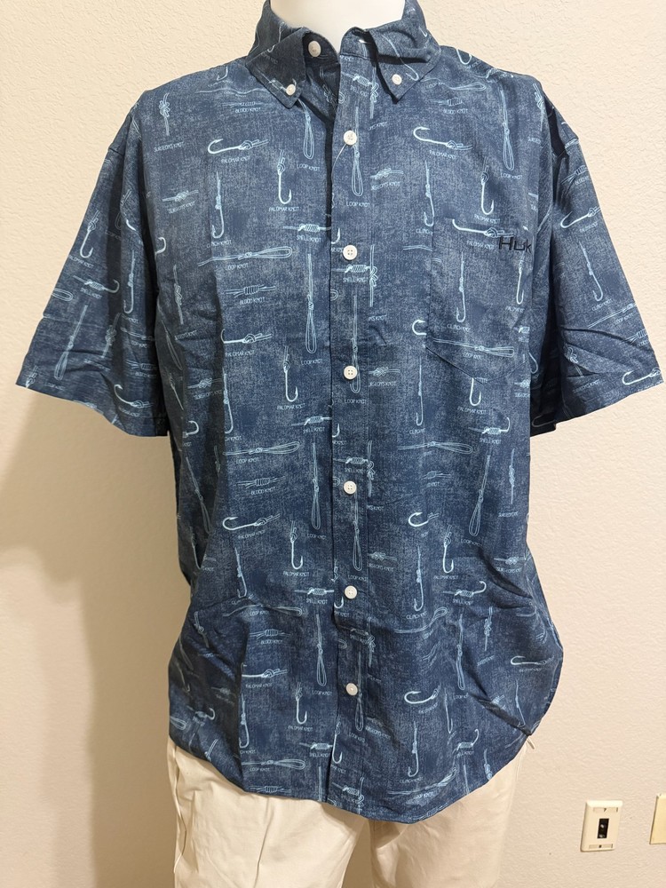 HUK Kona Teaser Fish Huks Saragasso Sea Short Sleeve Button Up Sz Large