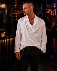 INCERUN Men’s White Draped Turtleneck Irregular Pleated Long Sleeve Shirt Large