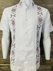 Mens Mexican Guayabera Shirt White Short Sleeve Red Wine Embroidery Cotton
