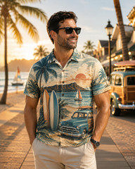 Vintage Surfboard Hawaiian Shirt Men Tropical Aloha Button Up