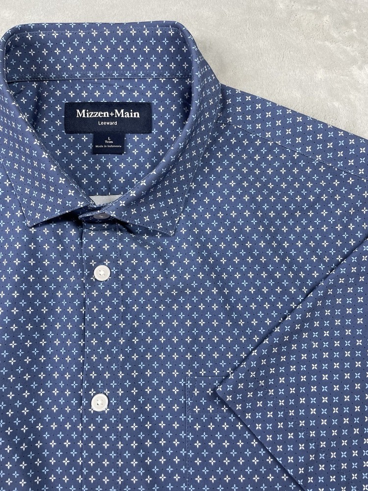 Mizzen+Main Leeward Trim Fit Men Blue Button Up Shirt Geometric Pattern Size L