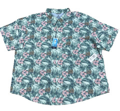 Izod Saltwater Shirt Men 3XB Blue Pink Chambray Button Up Floral Hawaiian Jade