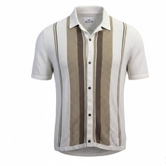 Hollister Mens Beige/Brown Stripe Button-Down Knit Short-Sleeve Shirt Size L
