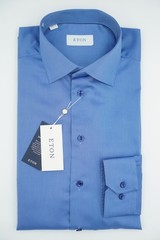 Men Eton Blue Shirt Single Cuff Cutaway Contemporary Size 42 16.5