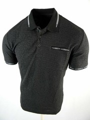 Men Polo Shirt Black Stripe Jacquard Textured Tech Material Slim Fit Stretch