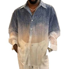 Men’s Sheer Gradient Button Down Shirt Long Sleeve Ombre Party Club Resort Top
