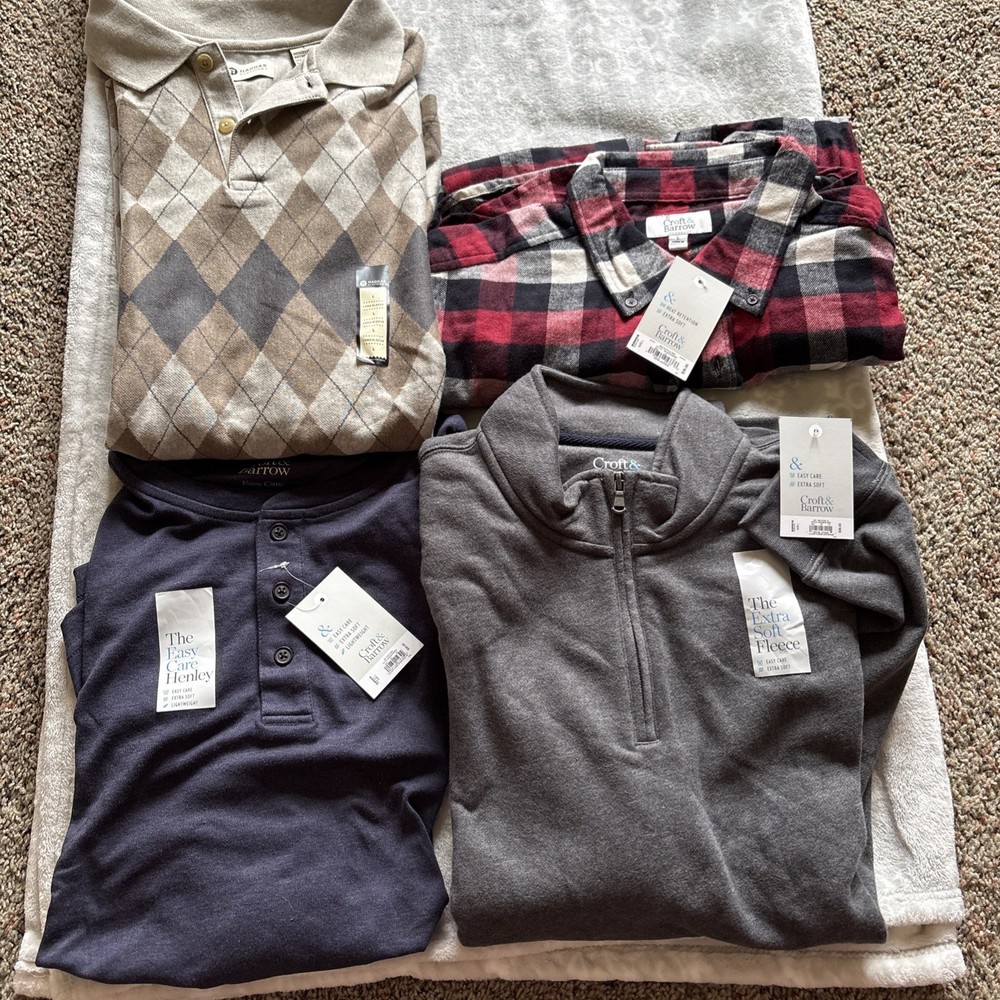 Lot Of 4 Mens Shirt/Fleece/Flannel/Henley Sz L Argyle, Plaid & Solid