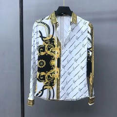 Men Luxury Button Down Baroque Print Fashion Shirt Black White High Quality