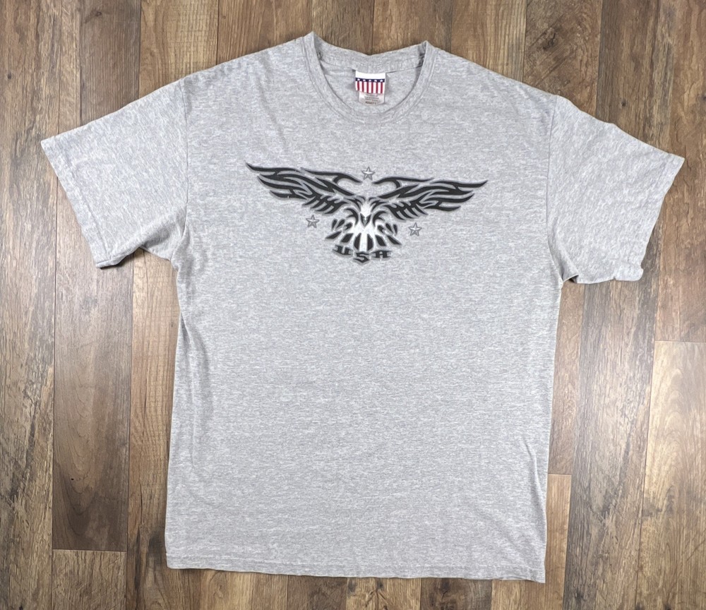 VINTAGE USA Men T-Shirt Y2K American Bald Eagle Stars & Stripes Tee Gray Large