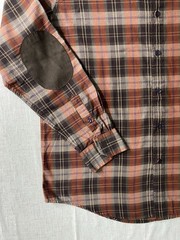 TASSO ELBA Mens L 16-16.5 Plaid Button Up Shirt Suede Elbow Patches Cotton Brown