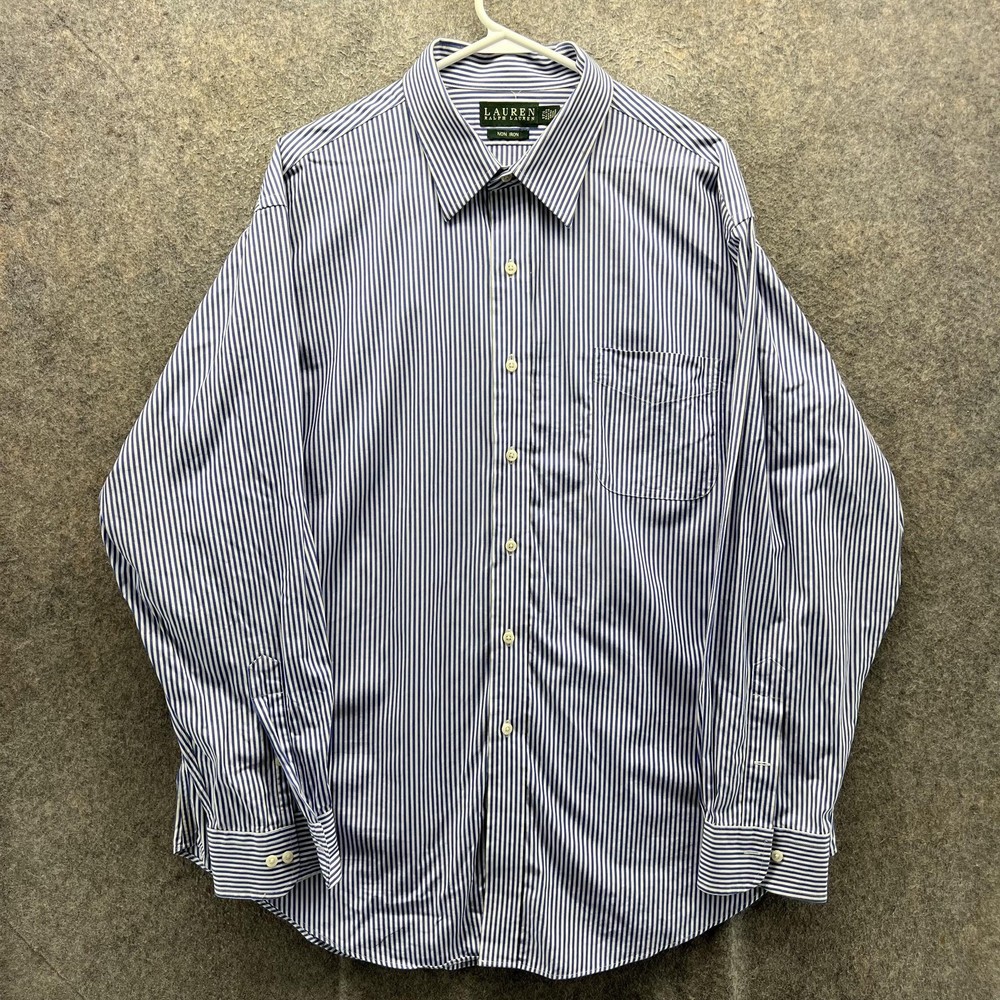 Lauren Ralph Lauren Dress Shirt Mens 17.5 34/35 Blue Stripe Non Iron Long Sleeve