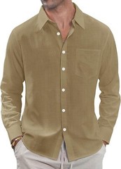 Men’s Linen Shirt Casual Long Sleeve Button Down Summer Beach Pocket