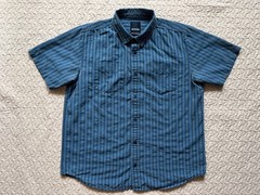 Prana Men’s Button Down Large 65% Org. Cotton 35% Polyester Blue Vertical Stripe