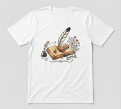 Open Book Feather Pen Wildflower Graphic Unisex White T-shirt