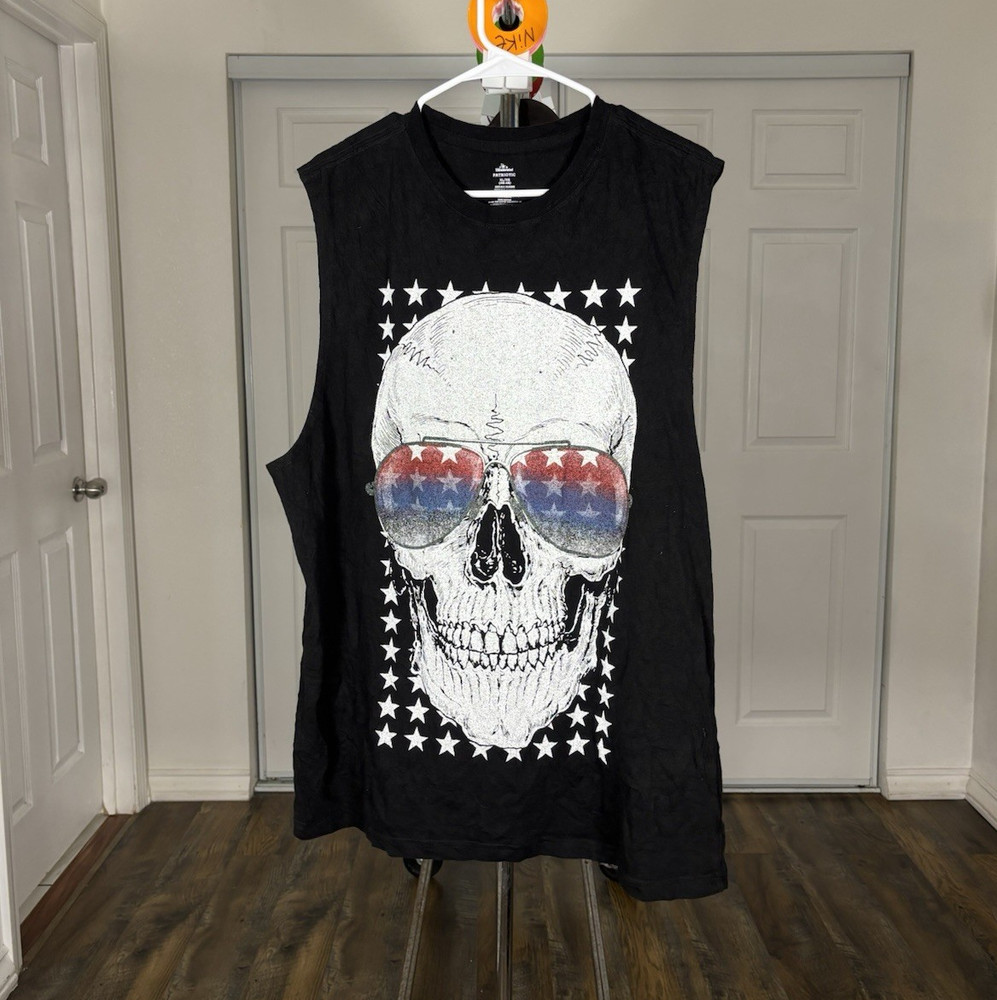 Patriotic Skull Flag Sunglasses Men’s Black Sleeveless Crew Neck T-Shirt XL
