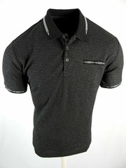 Men Polo Shirt Black Stripe Jacquard Textured Tech Material Slim Fit Stretch
