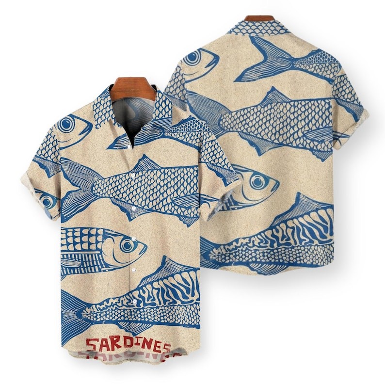 Retro Sardines Hawaiian Shirt, Vintage Fish Print Button Up