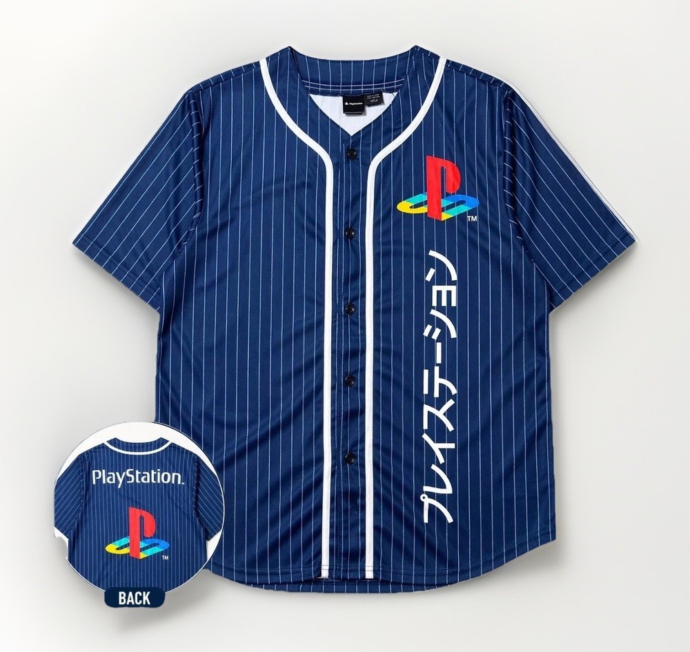 NEW Sony PlayStation Kanji Logo Men’s Button-Up SS Blue Baseball Jersey Size: M