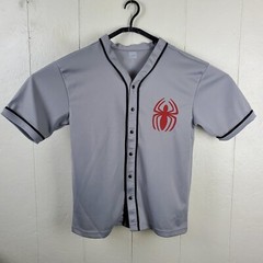 Spider Man Jersey Men Medium Gray V Neck Button Up Short Sleeve Graphic Stretch