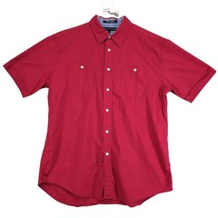 Vintage Tommy Hilfiger Red Button Up Shirt Mens L Y2K 2003 Logo Cotton Preppy