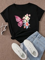 Plus Size Casual Loose-fit Sports T-shirt with Butterfly Print That Accentuate