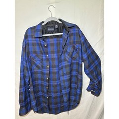 Private Club Mens Blue Black Plaid Flannel Shirt Long Sleeve 100% Acrylic Sz LT