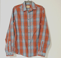 Men’s Small Button Down Shirt Blue Orange Plaid Cotton Recycled Polyester
