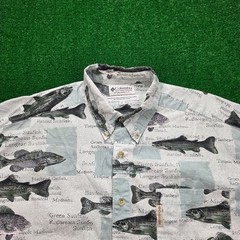 Vintage Columbia Shirt Mens XL Fish Species Print All Over Spotted Bass Sunfish