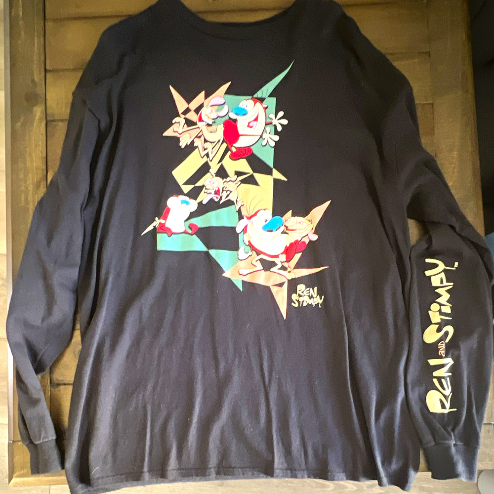 Nickelodeon Ren & Stimpy Men’s Black Long Sleeve Graphic Tee XL Crew Neck