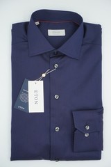 Men ETON Navy Blue Shirt Single Cuff Grey Button Contemporary Size 39 15.5